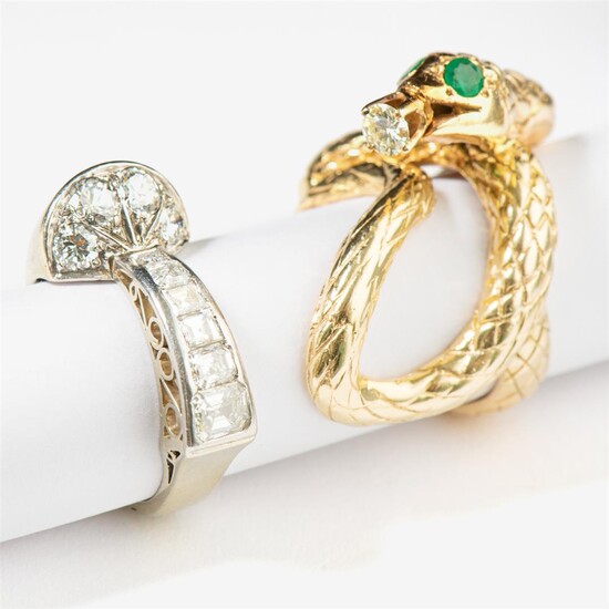 (-), Two yellow and white gold diamond rings...