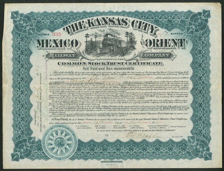 U.S.A.: Kansas City, Mexico & Orient Railway Co., common stock, 19[06], #335 and preferred stoc...