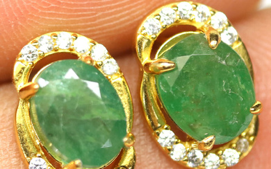 Unheated Green Emerald & Cubic Zirconia Earrings 925 Sterling Silver(56)