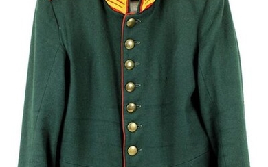Uniform tunic for a corporal of a hunter battalion, Prussia, dark green with red collar, red epaulettes, yellow garde braid, inside light lining, good condition, 2484 - 0011