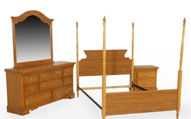 Vaughan-Bassett Chippendale Style Oak Dresser, Bedside Chest Plus Bed