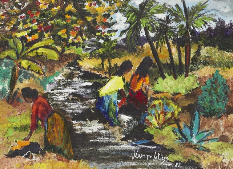 Veronique le Clezio, Mauritian, 20th century- Washerwomen at a stream with woodland; oil on board, signed, 45 x 62.5 cm