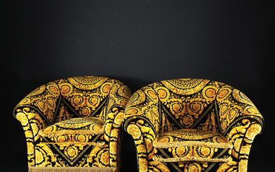 Versace Home coppia di poltrone Milady rivestite in velluto nero decorato a...