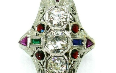 Victorian 20k White Gold Diamond Ruby Sapphire Emerald