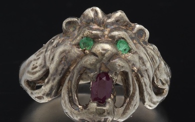Victorian Sterling Silver, Ruby and Emerald Lion Head Ring