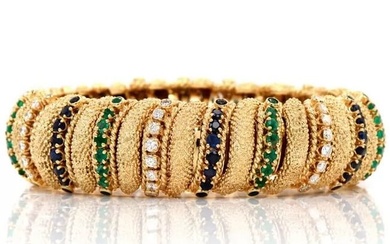 Vintage 6.00cts Diamond Sapphire Emerald 18K Gold Link Shrimp Bracelet