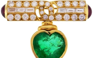 Vintage Bulgari Heart Emerald 18k Gold Pin Brooch Clip