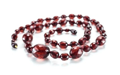 Vintage Cherry Red Amber Beaded Necklace Faceted. Hidden screw closure 34in.