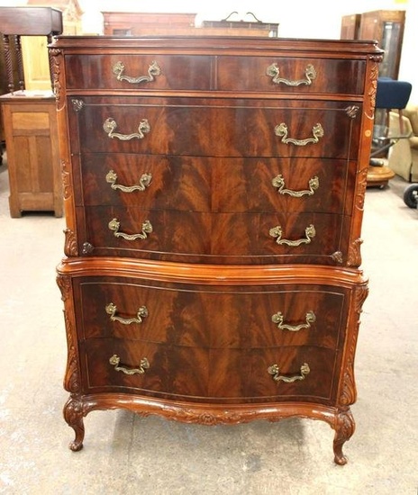 Vintage French carved burl mahogany 6 drawer high chest