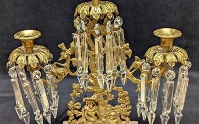 Vintage Gilt Brass Candelabra With Crystal Prisms (F37)