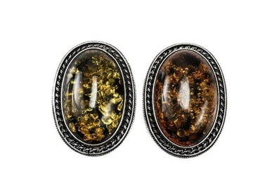 Vintage Sterling Silver Baltic Amber Cabochon Clip Earrings