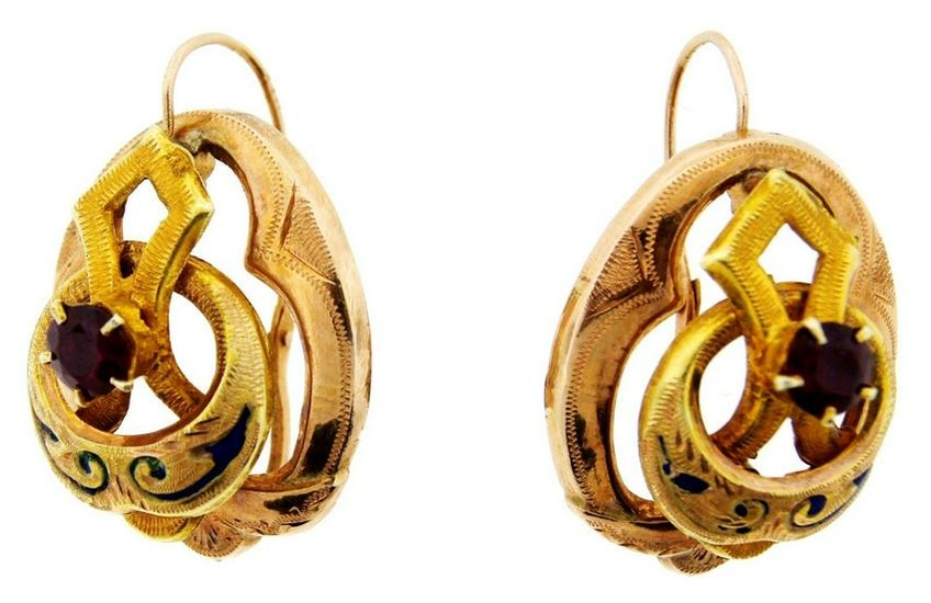 WOW Victorian 14k Yellow Gold, Ruby & Enamel Earrings