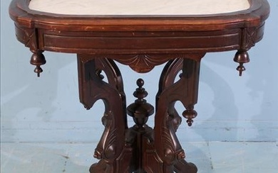 Walnut Victorian parlor center table with marble insert