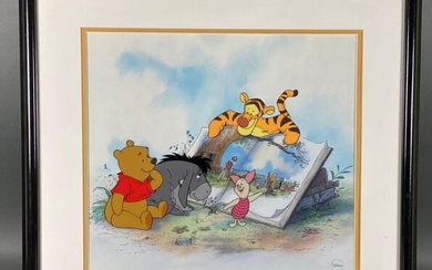 Walt Disney "Winnie the Pooh and Story Time Too". Limited edition multi-coloured, multi-layered Sericel with Winnie, Piglet, Eeaw and Tigger from the edition of 5,000. Circa 1990. Frame size 56cm x 58cm, image size 38cm x 41cm.