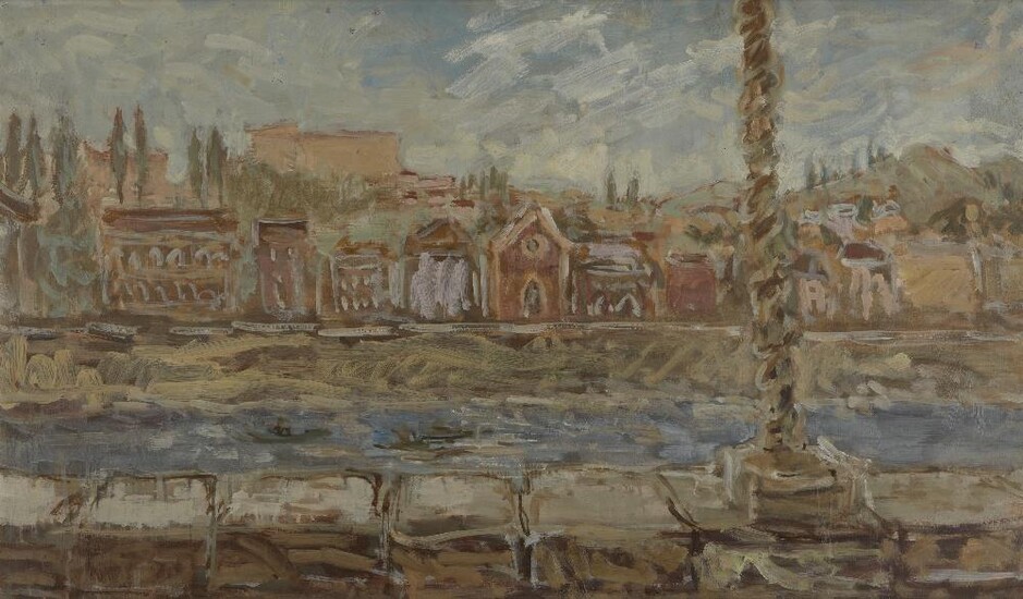 William D. Clyne, Scottish 1922-1981- Bank of the Seine; oil on board, 43.4 x 74.6 cm (ARR) Provenance: the Estate of the Artist