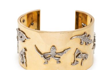 YELLOW GOLD AND ART DECO CHARM CUFF BRACELET