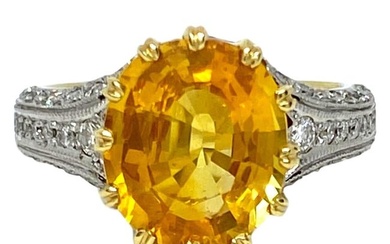 Yellow Sapphire and Diamond Platinum Handmade Ring