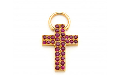 Yellow gold ruby cross pendant, g 6.62 circa, length cm 4.00 circa.