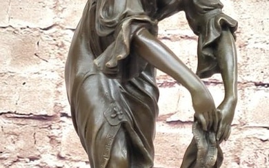 Young Woman Holding Shawl - Bronze Metal Sculpture on Marble Base