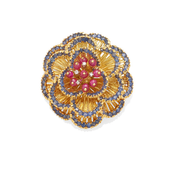 a ruby, sapphire and diamond flower brooch,, Toliro