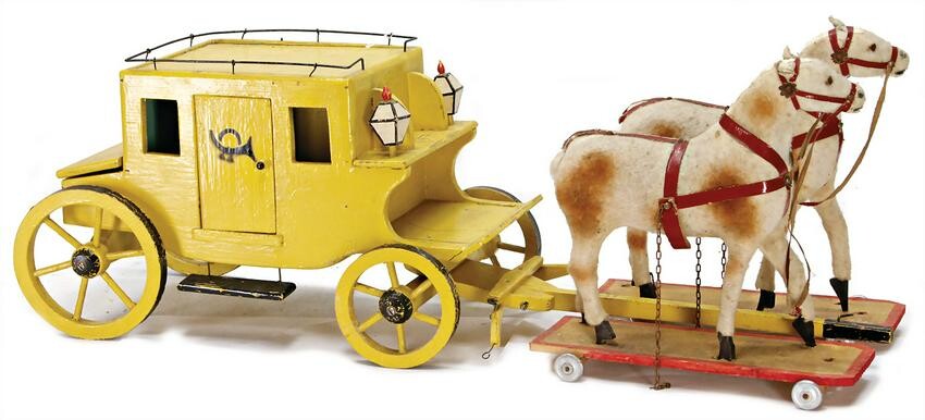 stagecoach with 2 draught horses, wood, colored, 58 cm