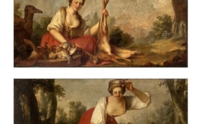 Continental School, 19th Century Two Paintings of Women: Pretty Country Maid with Hounds and Game