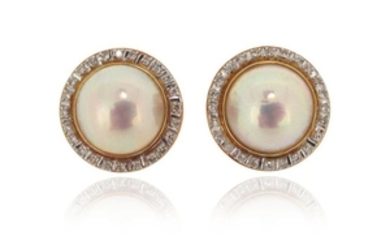 A pair of cultured mabé pearl and diamond cluster …