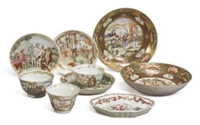 A GROUP OF CHINESE EXPORT FAMILLE-ROSE AND GILT 'FIGURAL' DISHES AND CUPS QING DYNASTY, 18TH CENTURY