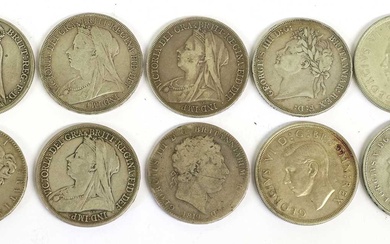 10x UK Silver Crowns, to include; George III, 1819 fair...
