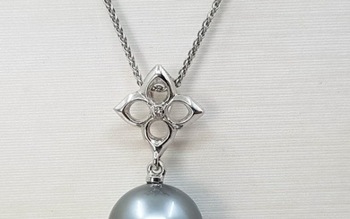 11x12mm Round Green Tahitian Pearl - 14 kt. White gold - Pendant - 0.01 ct