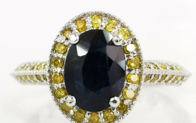 1.25 ct Blue Sapphire & 0.50 ct N.F.I.Yellow N.F. Vivid Yellow Diamond Designer Ring - 3.09 gr - 14 kt. White gold - Ring - 1.25 ct Sapphire - Diamonds