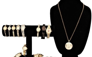 (14) Ladies Watches and (1) Clock Necklace