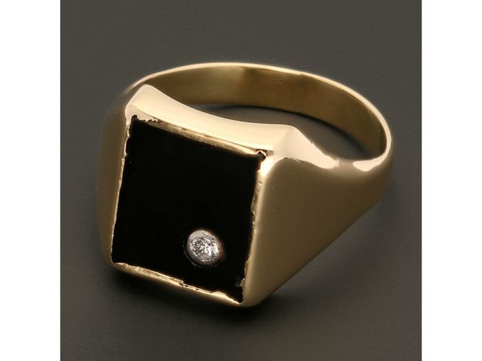 14 kt. Gold - Ring - 0.04 ct Diamond - Onyx