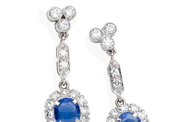 A Pair of Sapphire and Diamond pendent earrings