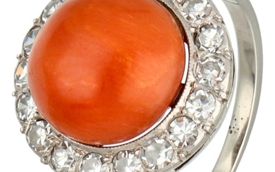 14K White gold entourage ring set with red coral and diamond.