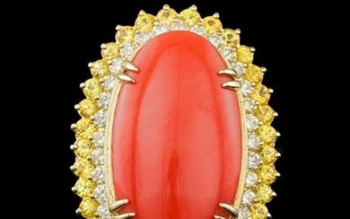 14K Yellow Gold 18.83ct Coral 2.48ct Sapphire and 1.52ct Diamond Ring