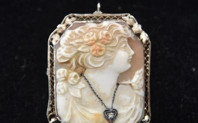 14kt GOLD FRAME CAMEO WITH DIAMOND BROOCH