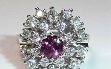 15 kt. White gold - Ring, Diamond Flower - 1.00 ct Diamonds / brilliant cut + 0.50 ct. Purple sapphire