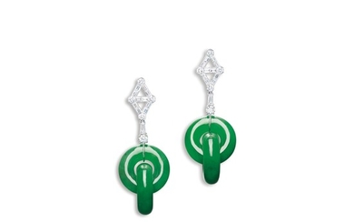 Pair of Jadeite Double Hoop and Diamond Pendent Earrings