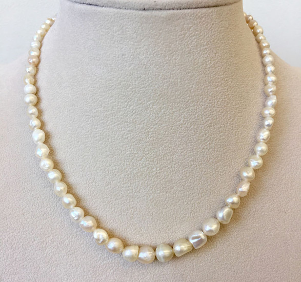 18 kt. Natural pearls, White gold, Ø 3,2 - 7,7 mm Fine pearls necklace certified - Diamonds clasp - Necklace - Diamond