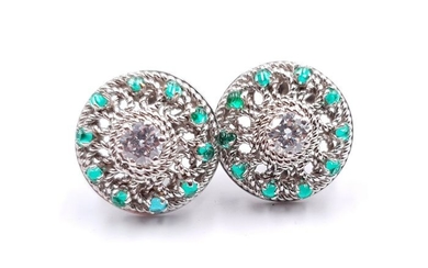 18 kt. White gold - Earrings - 1.00 ct - Diamonds, Emeralds