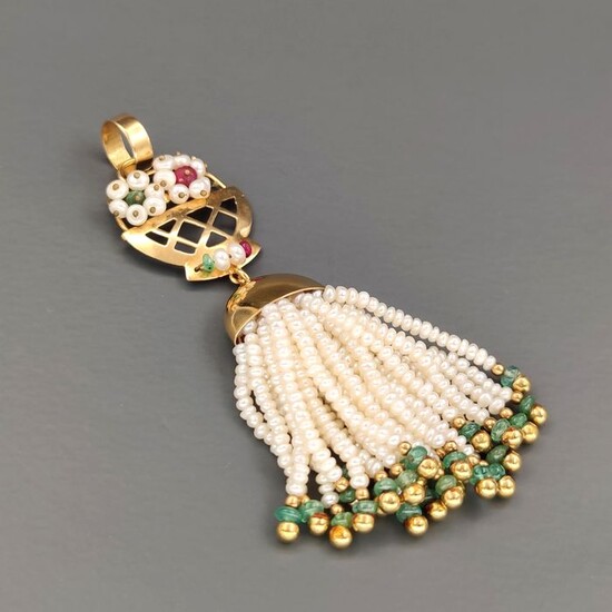 18 kt. Yellow gold - Pendant Perle - Emeralds and Rubies