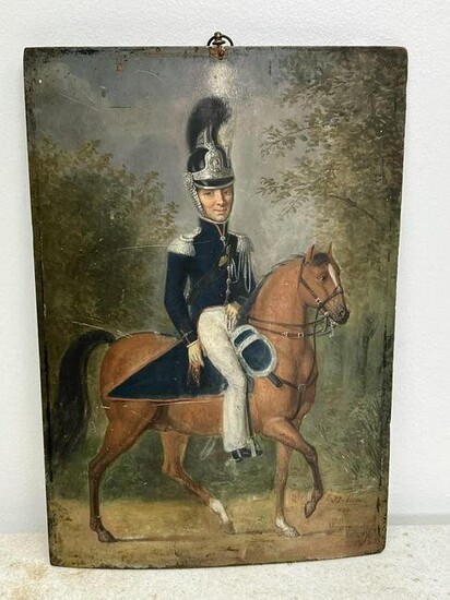 1800'S SOLDIER ON HORSE PAINTING ON CURVED PANEL