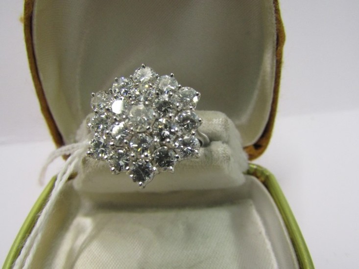 18CT WHITE GOLD DIAMOND CLUSTER RING, 19 brilliant cut well ...