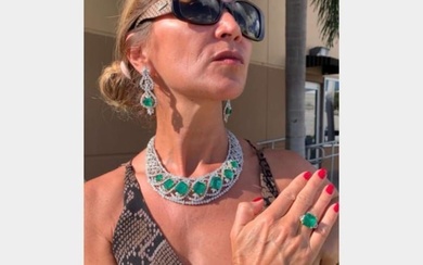 18K & Platinum Emerald and Diamond Earring Necklace and Bracelet Set