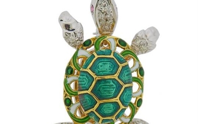 18k Gold Diamond Ruby Enamel Turtle Brooch Pin