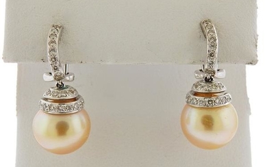 18k Gold Diamond South Sea Pearl Drop Earrings