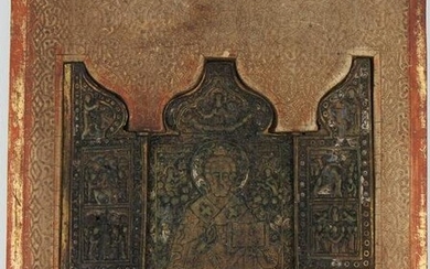18th C. Triptych Bronze Inset Russian Icon