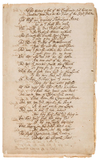 18th century song.- The History & fall of the Conformity Bill being an Excellent new Song to the Tune of the Lady's fall &c., manuscript song, 1705.