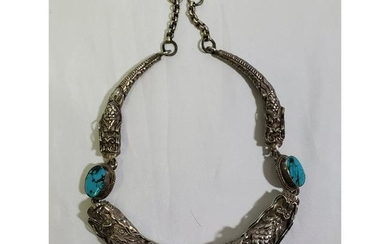 1940's Sterling Turquoise Coral Dragon Choker Necklace